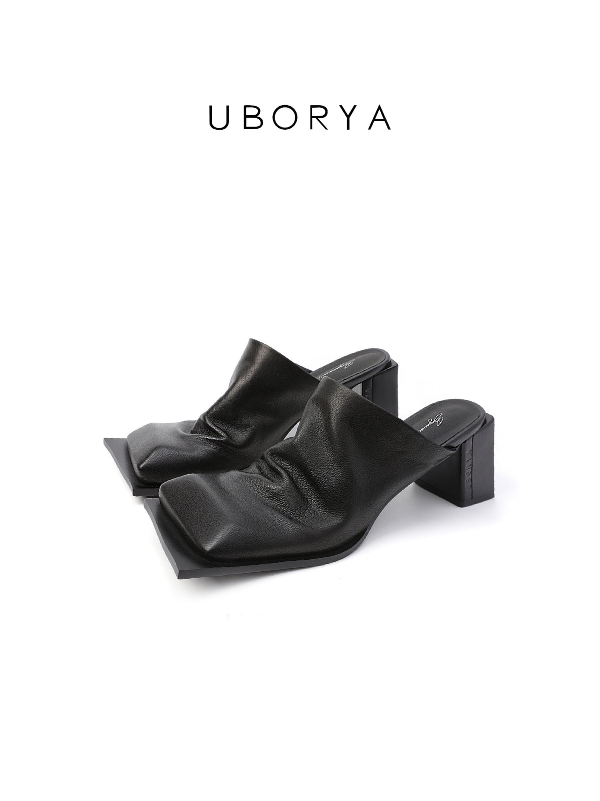 UBORYA Black Draped Leather Minimalist Mules 7cm Block Heel