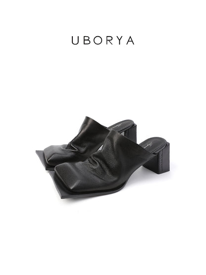 UBORYA Black Draped Leather Mules – Minimalist Modern Pumps for Women | 7cm / 2.8in Block Heel | Soft Natural Grain Leather | Elegant Open-Back Slide Sandals