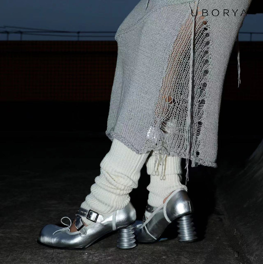 UBORYA Silver Metallic Coil Heel Mary Jane Pumps Rivet Buckles Front Tie 6cm Sculptural Heel