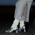 UBORYA Silver Metallic Coil Heel Mary Jane Pumps Rivet Buckles Front Tie 6cm Sculptural Heel