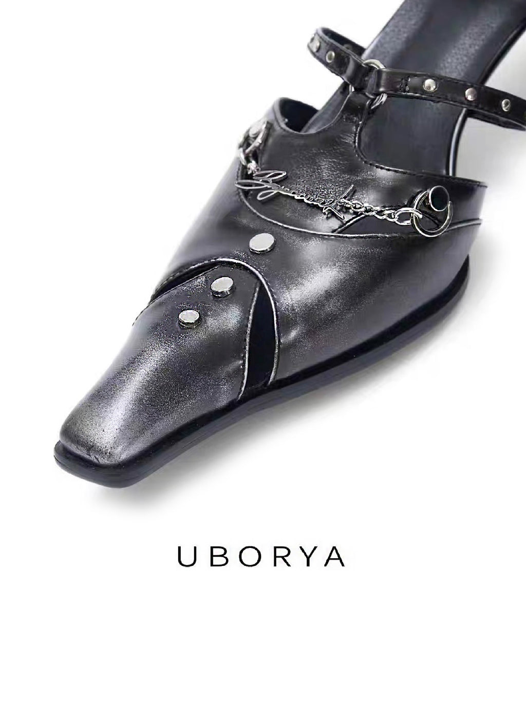 UBORYA Distressed Black Leather Studded Strap Heels Square Toe Stiletto Pumps