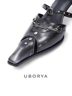 UBORYA Distressed Black Leather Studded Strap Heels Square Toe Stiletto Pumps