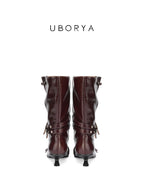 UBORYA Burgundy Crinkled Leather Mid-Calf Boots with Multi-Strap Hardware