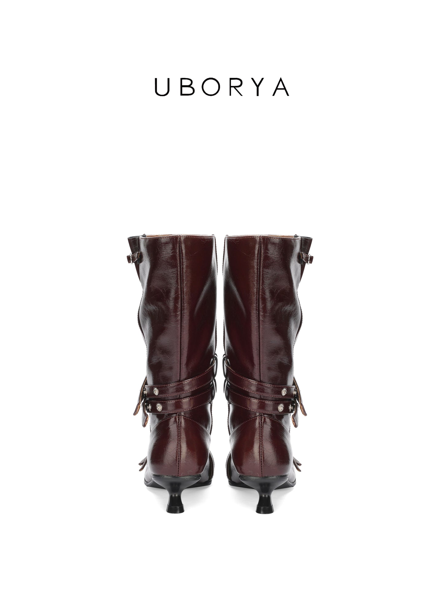 UBORYA Burgundy Crinkled Leather Mid-Calf Boots with Multi-Strap Hardware – Kitten Heel Boots for Women | Square Toe | Equestrian Punk Booties