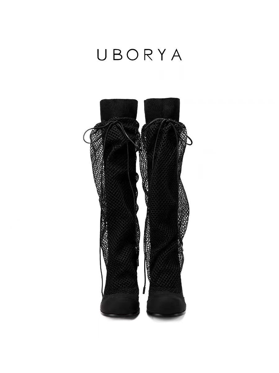 UBORYA Black Fishnet Gothic Punk Peep Toe Ankle Boots 7cm Stiletto
