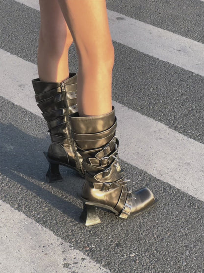 UBORYA Dark Brown Avant-Garde Knee-High Boots – Gothic Buckle & Stud Strap Combat Boots for Women | 7cm / 2.8in Geometric Heel | Metallic Bronze Leather | Edgy Statement Footwear