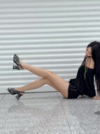 UBORYA Distressed Black Platform Slingback Heels with Star Studs