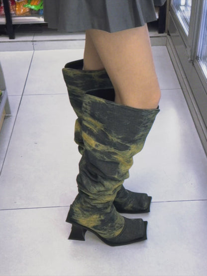UBORYA Black & Yellow Wash Over-The-Knee Boots – Artistic Knit Thigh Highs for Women | 8cm / 2.0in Block Heel | Square Toe | Edgy Abstract Print Midi Boots