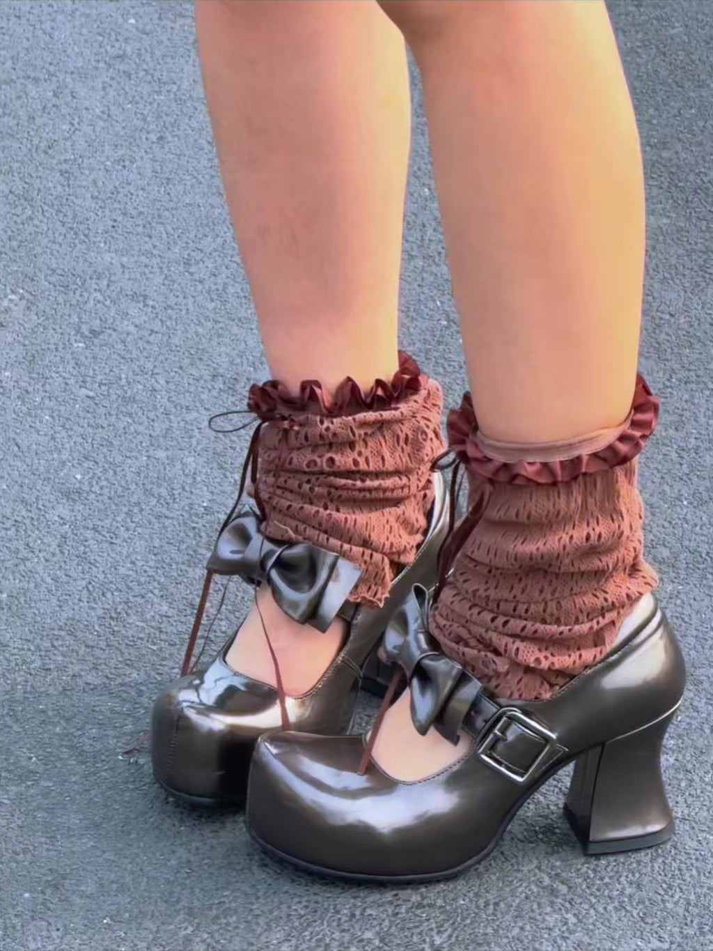 UBORYA Metallic Taupe Dark Academia Mary Jane Platform Heels, Oversized Bow & Buckle Square Toe