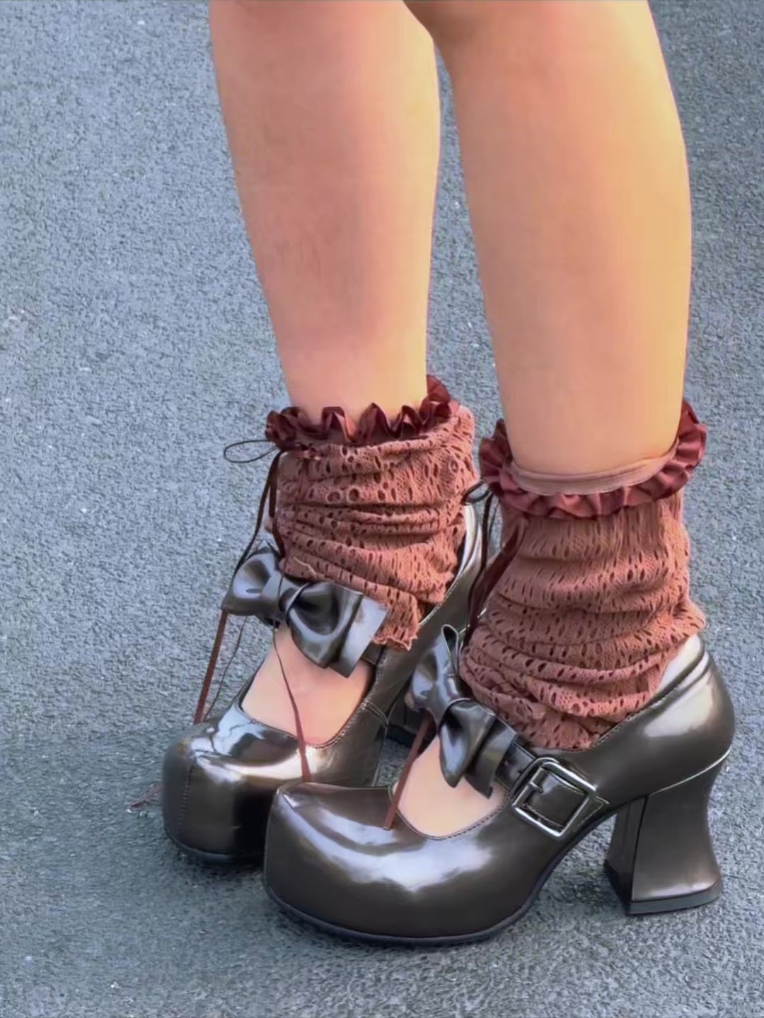 UBORYA Metallic Taupe Dark Academia Mary Jane Platform Heels, Oversized Bow & Buckle Square Toe