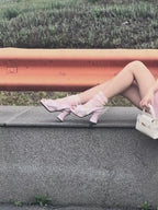 UBORYA Pink Metallic Platform Slingback Heels with Star Studs & Zipper Detail