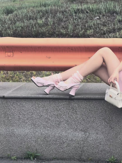 UBORYA Pink Metallic Platform Slingback Heels - Peep Toe Star Stud Zipper Detail Sculptural Heel Sandals