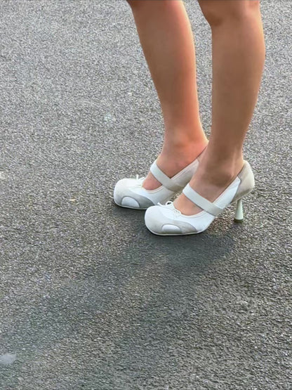 UBORYA Off-White Mary Jane Stiletto Heels - Suede Mesh Panel Round Toe Bow Detail Pumps