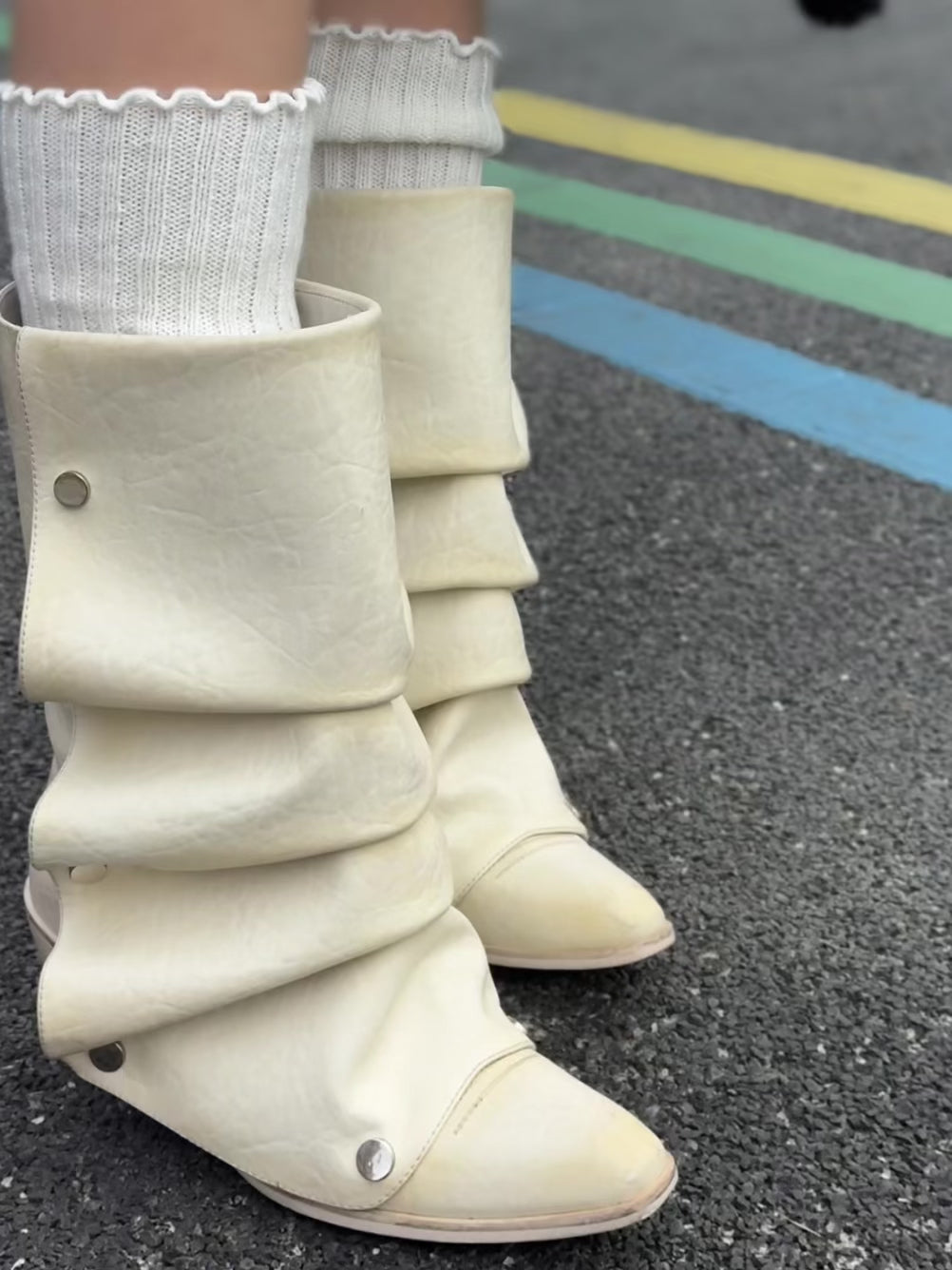 UBORYA Off White Sculptural Slouch Boots 6cm Block Heel Metal Eyelets Faux Leather