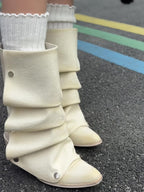UBORYA Off White Sculptural Slouch Boots 6cm Block Heel Metal Eyelets Faux Leather
