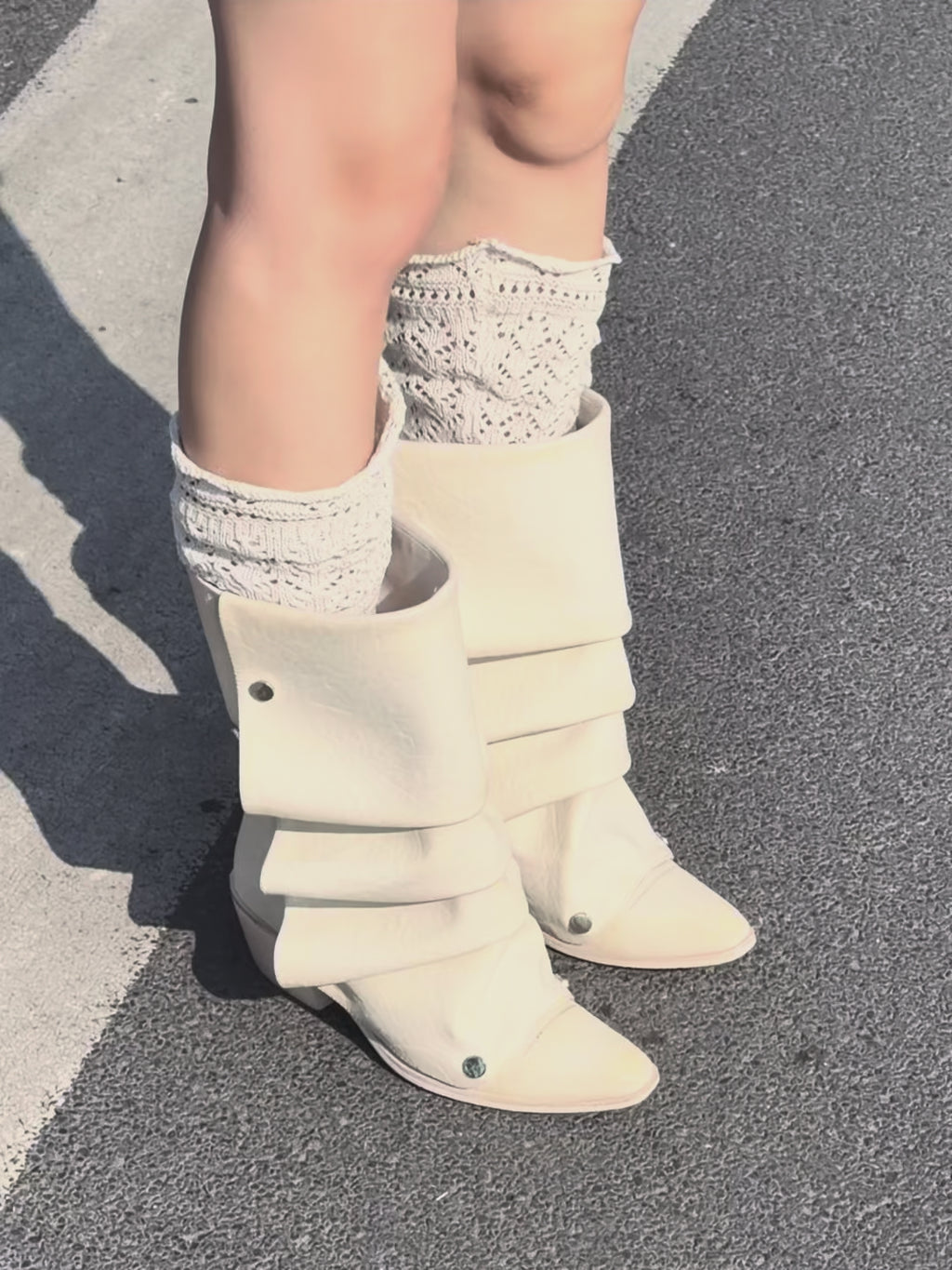 UBORYA Off White Sculptural Slouch Boots 6cm Block Heel Metal Eyelets Faux Leather
