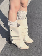 UBORYA Off White Sculptural Slouch Boots 6cm Block Heel Metal Eyelets Faux Leather