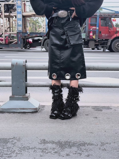 UBORYA Black Avant-Garde Fur & Strap Boots – Gothic Mongolian Faux Fur Midi Boots for Women | 6cm / 2.4in Chunky Heel | Patent Leather & Buckle Accents | Edgy Statement Footwear