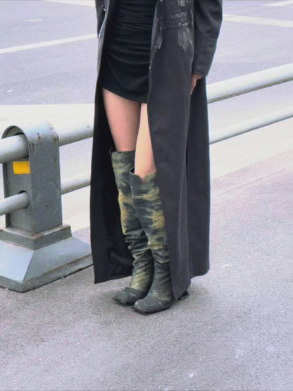 UBORYA Black & Yellow Wash Over-The-Knee Boots – Artistic Knit Thigh Highs for Women | 8cm / 2.0in Block Heel | Square Toe | Edgy Abstract Print Midi Boots
