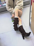 UBORYA Brown Suede Ruched Mid Calf Boots 7cm Block Heel Knot Detail