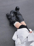 UBORYA Black Slouchy Platform Ankle Boots with Buckle Straps