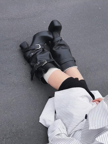 UBORYA Black Slouchy Ankle Boots with Buckle Straps – Sculptural Chunky Heel Platform Boots for Women | Square Toe | Ruched Shaft | Punk Avant-Garde Booties