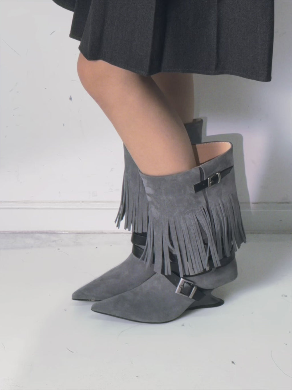 UBORYA Grey Blue Suede Fringe Mid-Calf Boots with Buckle Straps