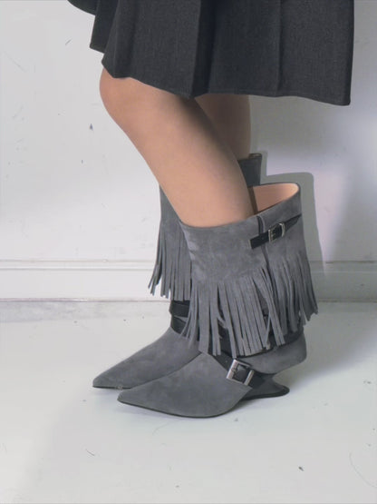 UBORYA Grey Blue Suede Fringe Mid-Calf Boots with Buckle Straps – Sculptural Wedge Heel Boots for Women | Pointed Toe | Western Avant-Garde Booties