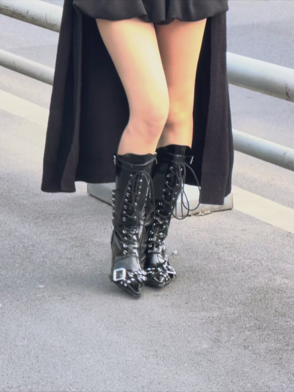 UBORYA Black Patent Leather Knee High Wedge Boots Lace Up Chain Buckle Punk Boots