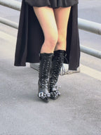 UBORYA Black Patent Leather Knee High Wedge Boots Lace Up Chain Buckle Punk Boots