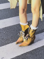 UBORYA Tan Leather Lace Up Wedge Boots Scarf Bow Pointed Toe Mid Calf Boots
