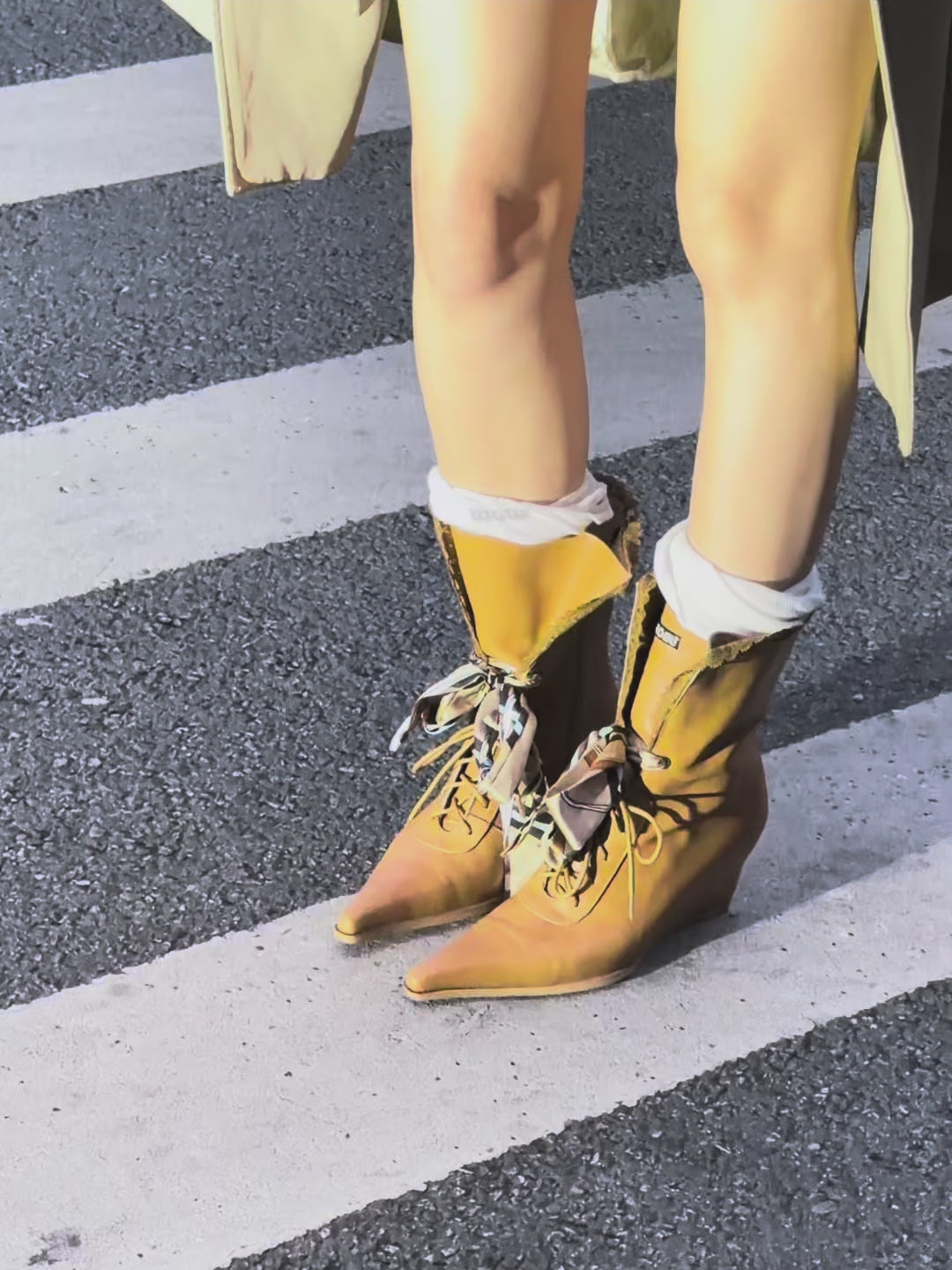 UBORYA Tan Leather Lace Up Wedge Boots Scarf Bow Pointed Toe Mid Calf Boots