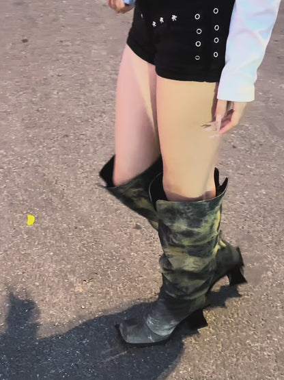 UBORYA Black & Yellow Wash Over-The-Knee Boots – Artistic Knit Thigh Highs for Women | 8cm / 2.0in Block Heel | Square Toe | Edgy Abstract Print Midi Boots