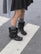 UBORYA Black Slouchy Bow Ankle Boots with Distressed Square Toe