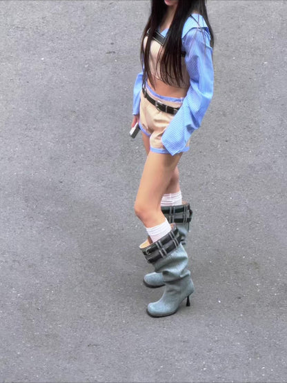UBORYA Denim Slouchy Knee-High Boots with Black Buckle Straps – Sculptural Kitten Heel Boots for Women | Distressed Jean Booties | Avant-Garde Denim Punk Footwear