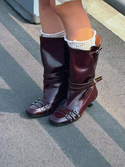 UBORYA Burgundy Crinkled Leather Mid-Calf Boots with Multi-Strap Hardware – Kitten Heel Boots for Women | Square Toe | Equestrian Punk Booties