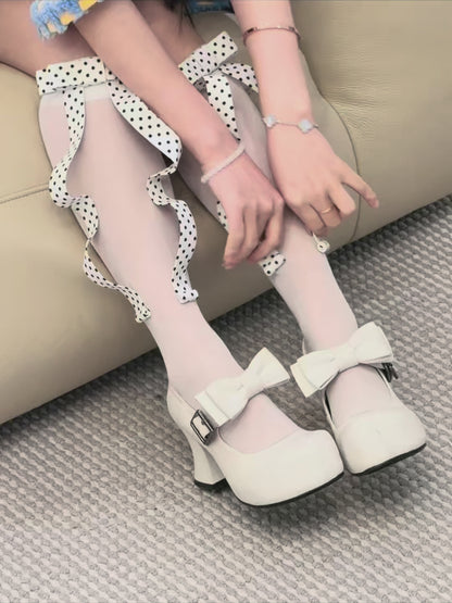 UBORYA White Bow Mary Jane Platform Heels – Sweet Kawaii Block Heel Shoes for Women | 8cm / 3.15in Chunky Heel | Oversized Bow & Buckle Detail | Round Toe Pumps