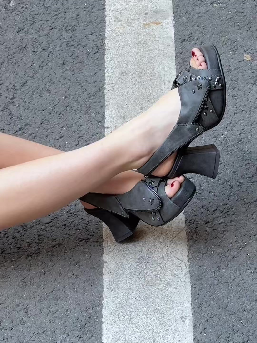 UBORYA Charcoal Grey Distressed Platform Slingback Heels with Star Studs