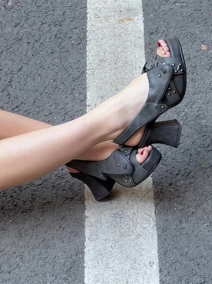 UBORYA Charcoal Grey Distressed Platform Slingback Heels - Peep Toe Star Stud Zipper Detail Sculptural Heel Sandals