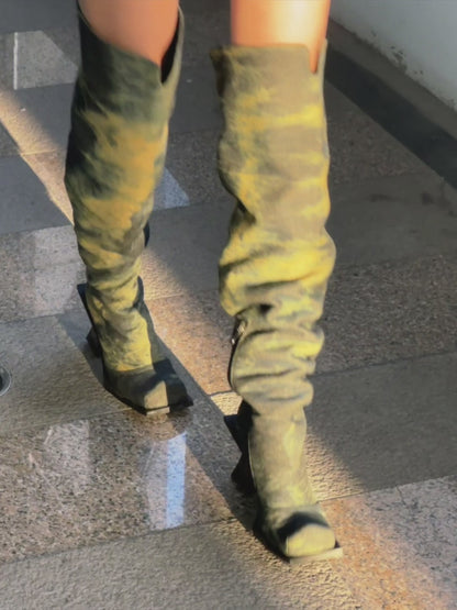UBORYA Black & Yellow Wash Over-The-Knee Boots – Artistic Knit Thigh Highs for Women | 8cm / 2.0in Block Heel | Square Toe | Edgy Abstract Print Midi Boots