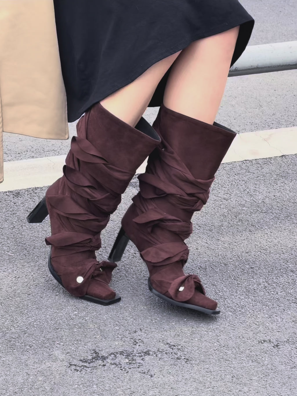 UBORYA Brown Suede Ruched Mid Calf Boots 7cm Block Heel Knot Detail