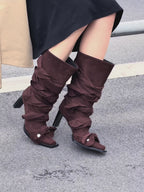 UBORYA Brown Suede Ruched Mid Calf Boots 7cm Block Heel Knot Detail