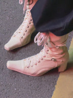 UBORYA Off White Lace Up Ankle Boots Square Toe Block Heel Retro Buckle Detail