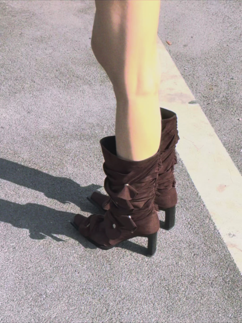 UBORYA Brown Suede Ruched Mid Calf Boots 7cm Block Heel Knot Detail