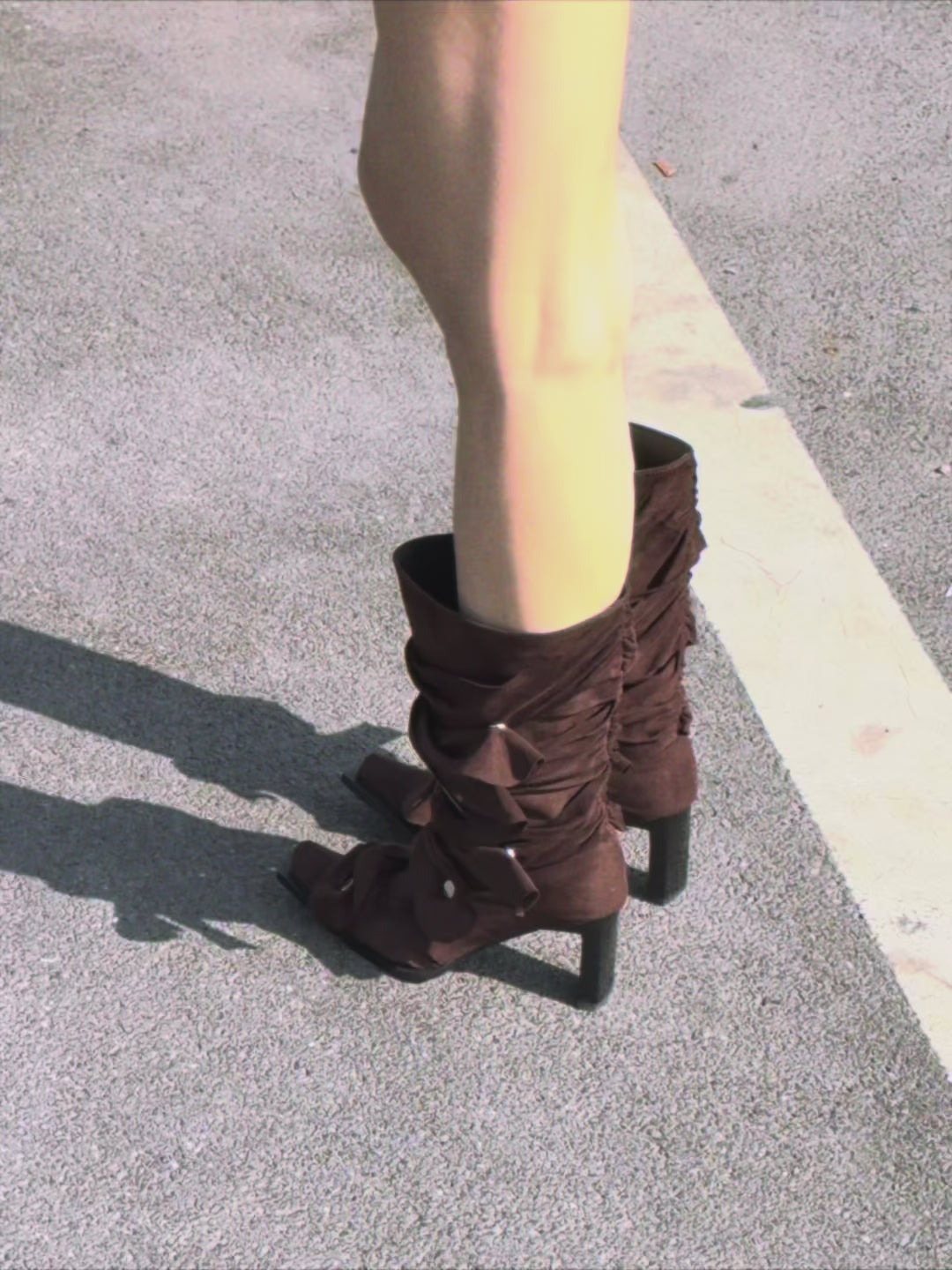 UBORYA Brown Suede Ruched Mid Calf Boots 7cm Block Heel Knot Detail