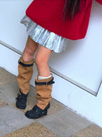 UBORYA Tan Suede Slouchy Knee-High Boots with Black Buckle Straps