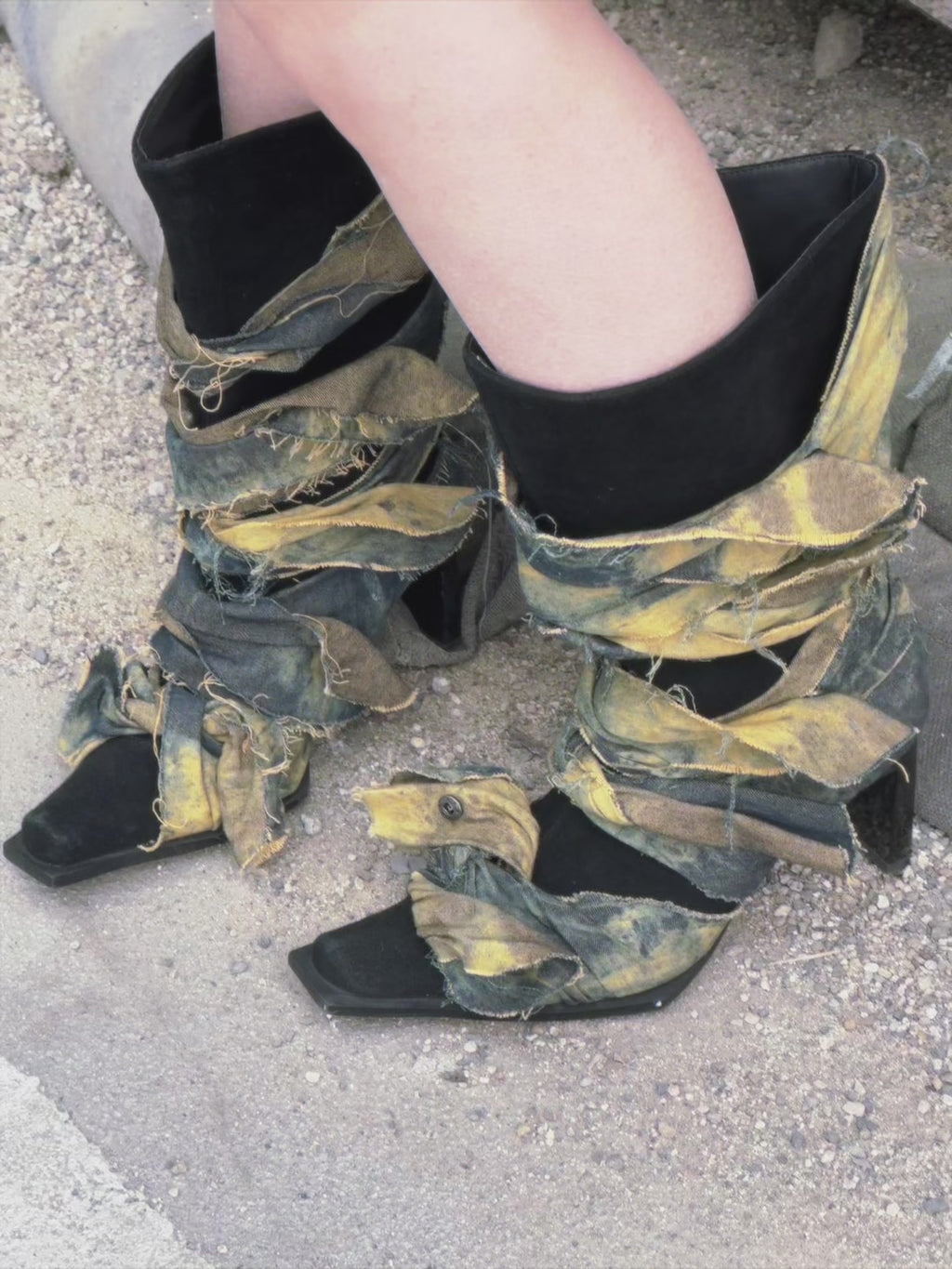 UBORYA Deconstructed Denim Wrap Boots Black Suede Patchwork Woven 6cm Block Heel