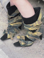 UBORYA Deconstructed Denim Wrap Boots Black Suede Patchwork Woven 6cm Block Heel