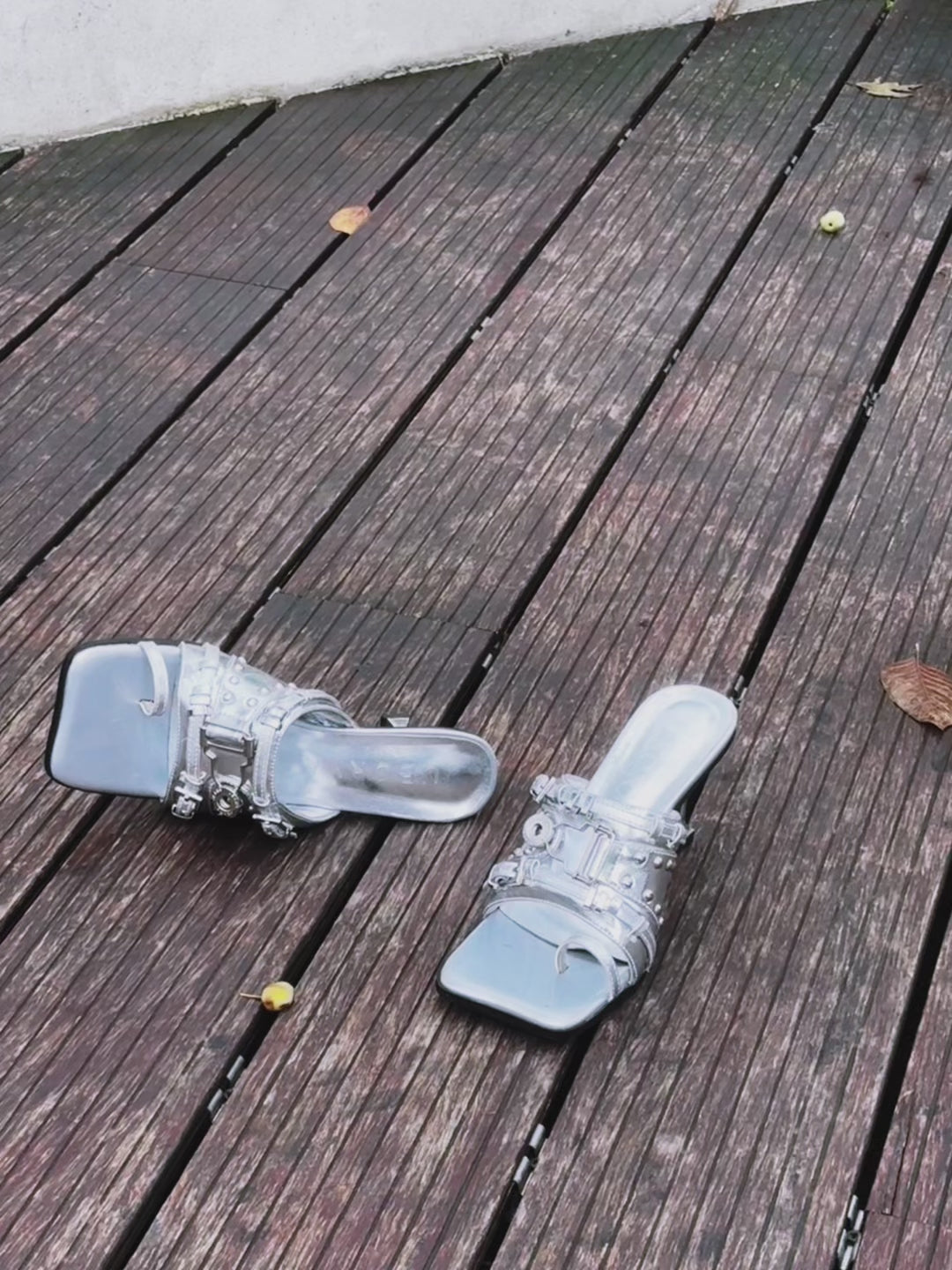 UBORYA Silver Metallic Multi-Buckle Mules with Skull Studs