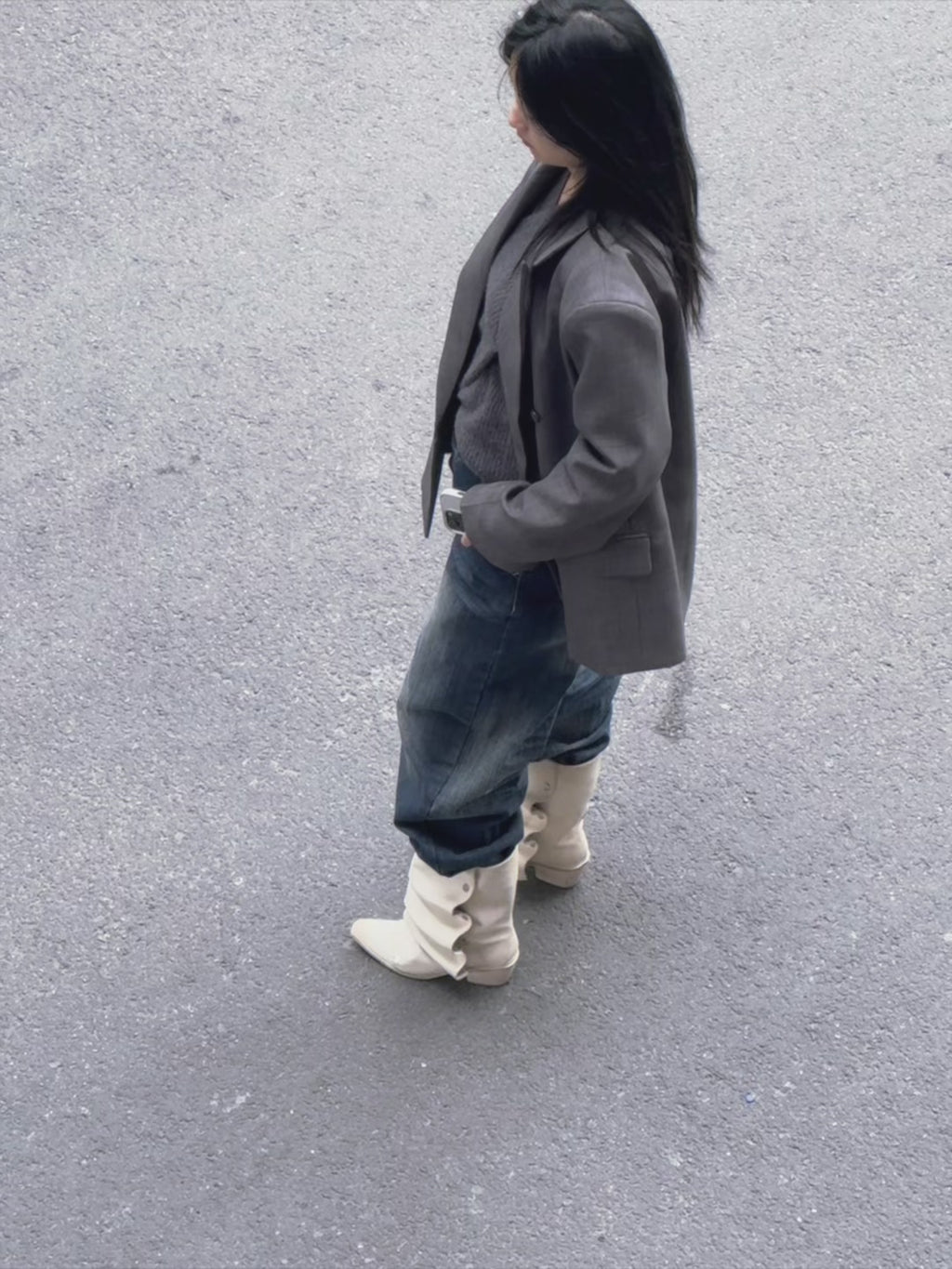 UBORYA Off White Sculptural Slouch Boots 6cm Block Heel Metal Eyelets Faux Leather